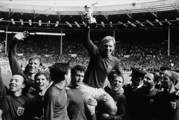 England's captain Bobby Moore holds up the Jules Rimet trophy after England won the 1966 World Cup final against West Germany