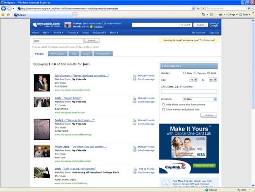 New search tool on MySpace