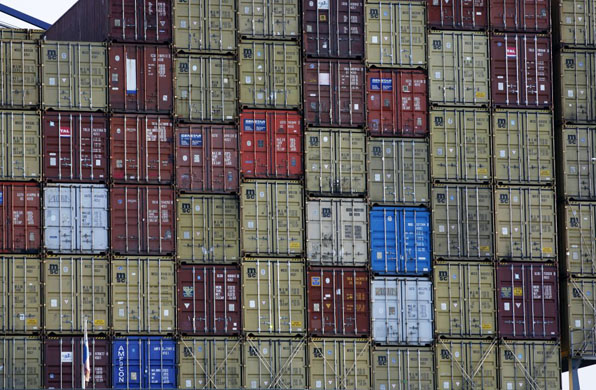 Stacked cargo containers at Felixstowe Container Port, Suffolk
