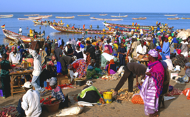 Pirogues supply fresh fish to a beach market on The Petite Côte