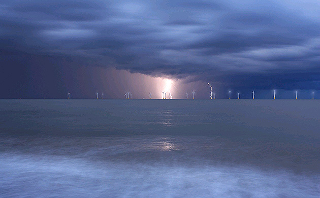 Storm over Scroby Sands wind farm, Great Yarmouth, Norfolk, England