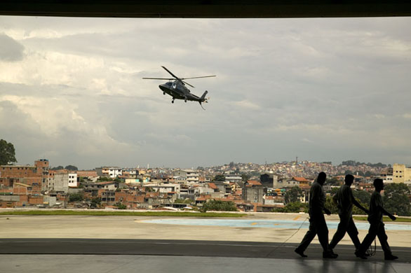 An helicopter approaches Helipark, at the outskirts of Sao Paulo 
