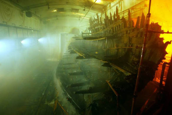 The Mary Rose sits in an atmospherically controlled dry dock