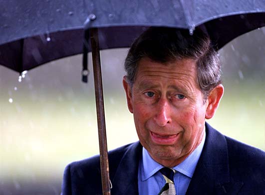 Prince Charles under an umbrella