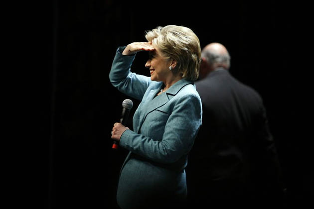 Los Angeles, US: Hillary Clinton looks out towards the audience as Rob Reiner walks off the stage at a fundraising event at the Wilshire Theatre