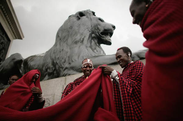 London, UK: Maasai Warriors at Trafalgar Square