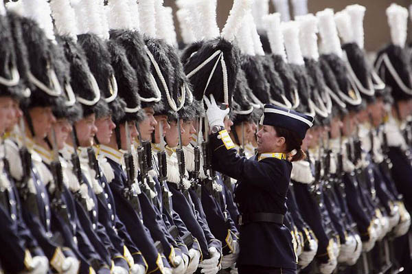 Stockholm, Sweden: Guards prepare for the arrival of the Grand Duke Henri of Luxembourg and King Carl XVI Gustaf of Sweden to inspect the Guard Of Honour at the Royal Palace