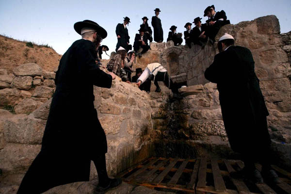 Jerusalem mountains, Israel: Ultra-Orthodox Hasidic Jews collect spring water during the traditional rite of 'Mayim Shelanu'