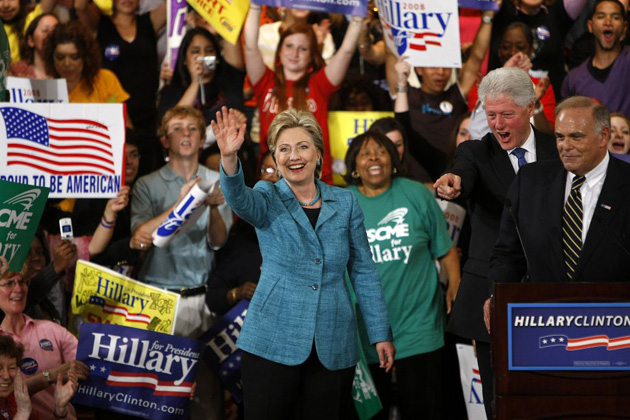 Hillary Clinton on stage with Bill Clinton and Pennsylvania Governor Ed Rendell 