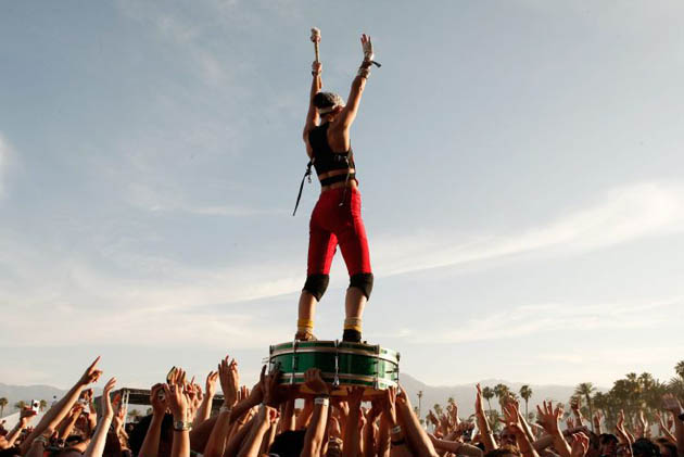 Drummer Pamela Racine for the band Gogol Bordello performs during day 3 of the Coachella Valley Music And Arts Festival