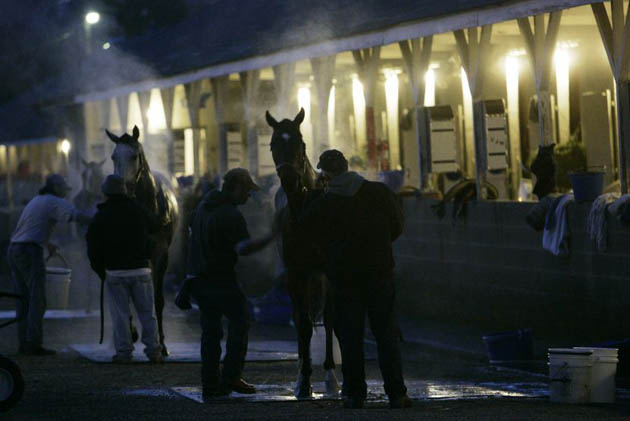 Grooms wash their horses after early morning workouts for the 134th Kentucky Derby