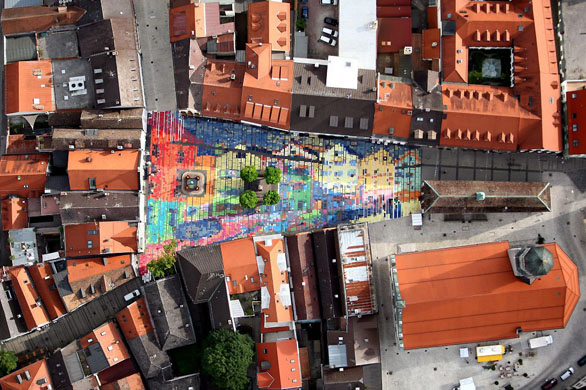 Weilheim, Germany: An aerial view of the Marienplatz square with a colourful reproduction of a Kandinsky work painted on the pavement