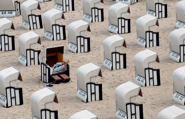 Ruegen island, Germany: Beach chairs are abandoned at Sellin beach because of bad weather