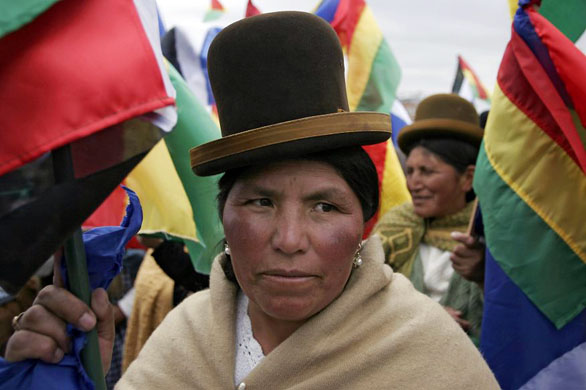 El Alto, Bolivia: An indigenous supporter of Evo Morales attends a campaign rally