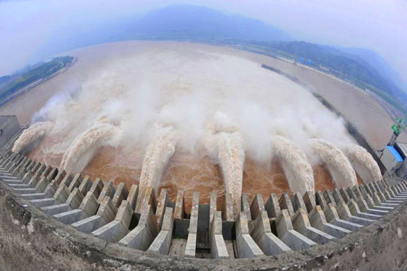 three gorges dam opens it's gates during flooding