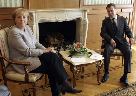 Sochi, Russia: Russian President Dmitry Medvedev meets with German Chancellor Angela Merkel at his residence