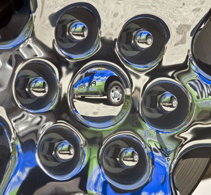 New York, USA: A propane-powered Ford F-150 pickup truck is reflected in a chrome wheel during a presentation of propane vehicles