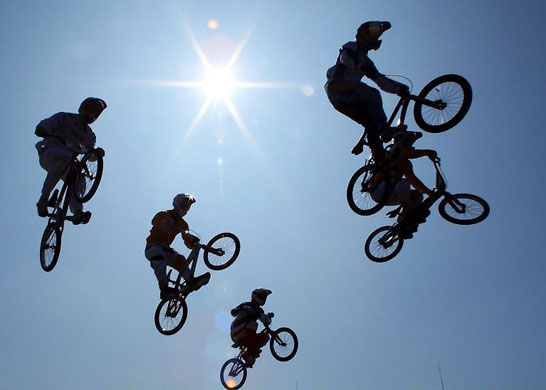 Beijing, China: The Men's BMX final run held at the Laoshan Bicycle Moto Cross venue
