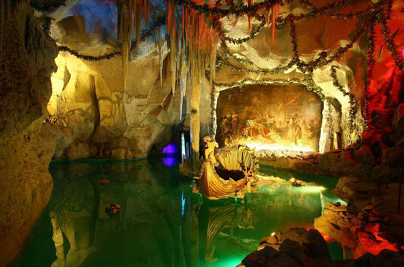 Linderhof, Germany:  The 'Venusgrotte', artificial cave, designed as an opera stage, is illuminated during a night time opening of Linderhof Castle