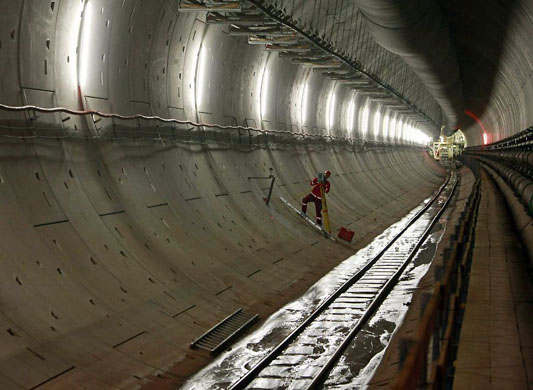 Buttstaedt, Germany: A worker stands in the 'Finnetunnel' which is part of the 123 km-long German high-speed railway line currently under construction