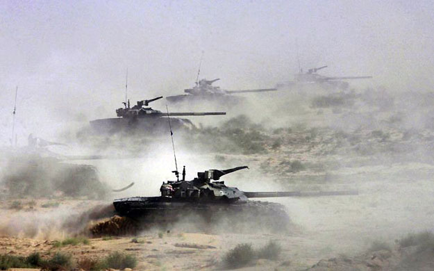 Pakistan: Armoured vehicles during the army's Zarb-e-Hadeed exercise, which started at Khairpur Tamewali