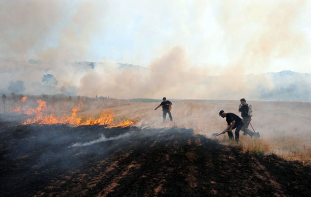 Poreche area, Macedonia: Firemen and villagers try to put down a major forest fire near the town of Makedonski Brod