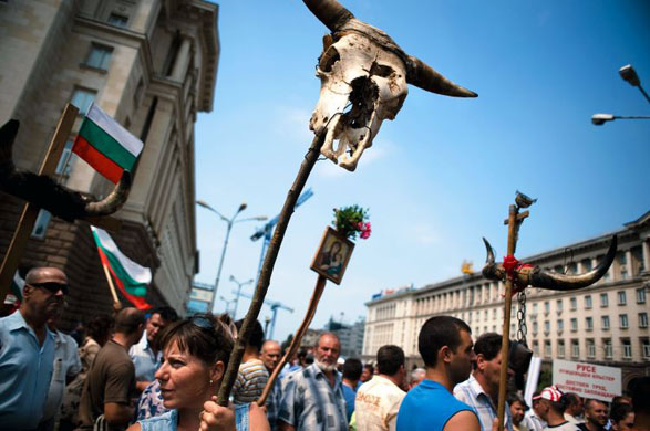 Sofia, Bulgaria: Farmers during a protest against delayed farm subsides