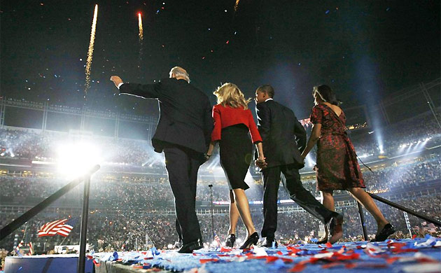 Barack Obama with wife Michelle and Joe Biden with wife Jill on stage at the final day of the Democratic national convention