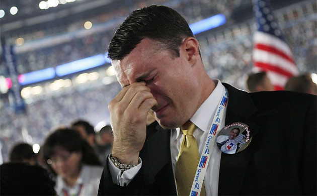 A Mississippi delegate cries after Obama's acceptance speech
