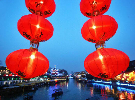 Red lanterns are installed along the Wende bridge during the Yuanxiao or Lantern festival