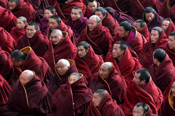 Ethnic Tibetan lamas attend morning prayers