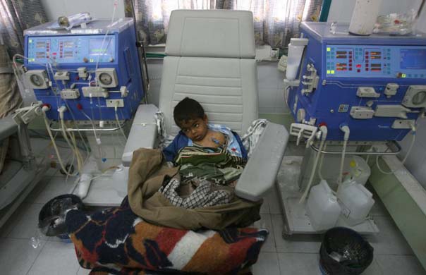 A boy on a kidney dialysis machine at the Al-Shifa hospital in Gaza