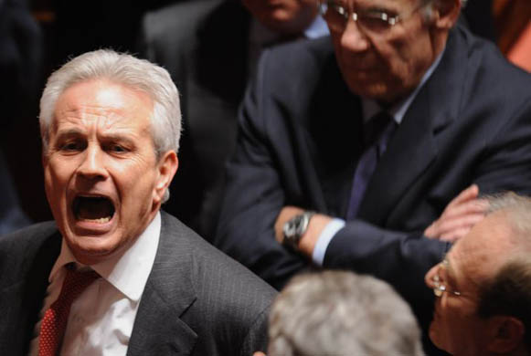 Italian UDEUR senator Tommaso Barbato argues with UDEUR senator Sergio Cusumano