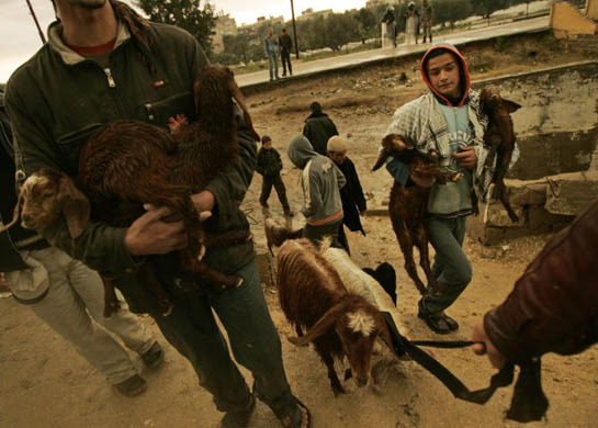 Palestinian cross the damaged border wall between Egypt and Rafah
