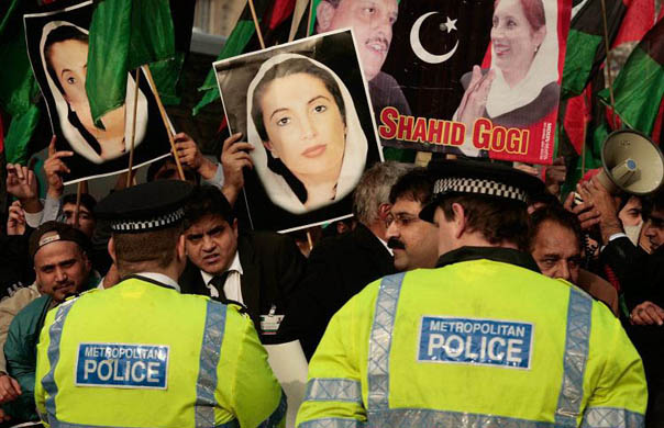 Benazir Bhutto supporters demonstrate in Westminster