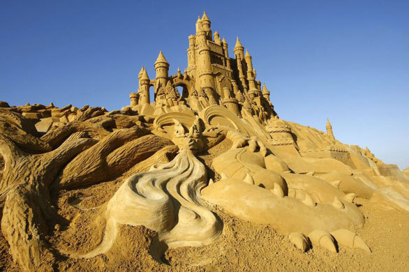 Blankenberge, Belgium: A sand sculpture at the opening night of the sand sculpture festival