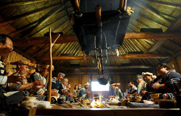Sapporo city, Japan: Indigenous Ainu men participate in the traditional praying ritual called Kamuinomi, held as part of the 2008 Indigenous Peoples Summit