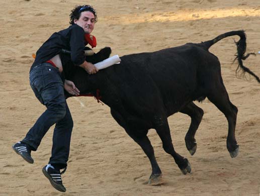 A reveller is tossed by a heifer