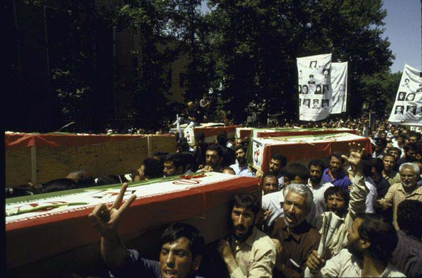 July 1 1988, Iranian mourners attending an anti-US demonstration after the USS Vincennes accidentally shot down an Iranian airbus