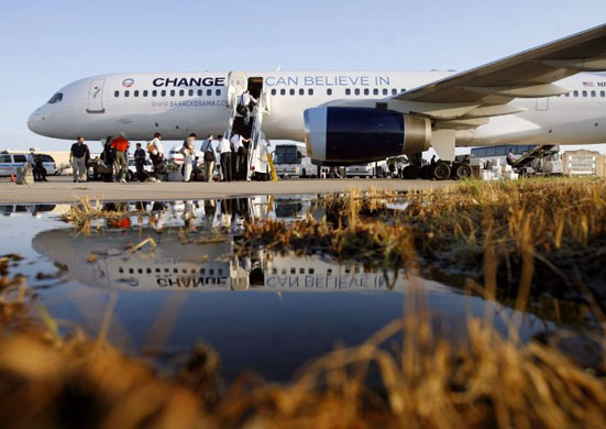 Chicago, US: Journalists board Barack Obama's  newly painted campaign plane at Midway airport