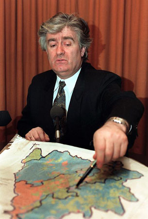January 1993, Pale, Bosnia: Radovan Karadzic describes an ethnic map of 
