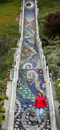 San Francisco, US: A woman walks down the mosaic staircase near Golden Gate Heights