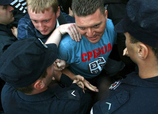 Belgrade, Serbia: Riot police clash with Radovan Karadzic supporters