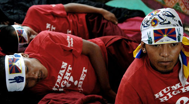 Kathmandu, Nepal: Tibetan monks and nuns lie on a hunger strike at the Jwalakhel refugee camp
