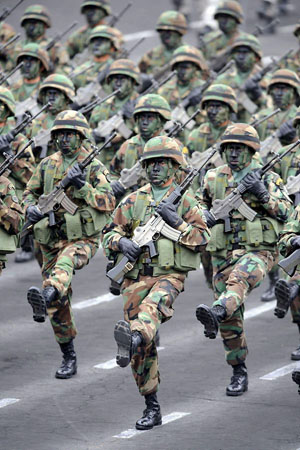 Lima, Peru: Members of the national police during a military parade
