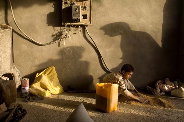 A young boy collects wheat from the floor at a flour mill in Kandahar