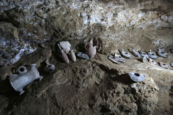 Pottery found inside the cave under the oldest church in the world in the town of Rehab 