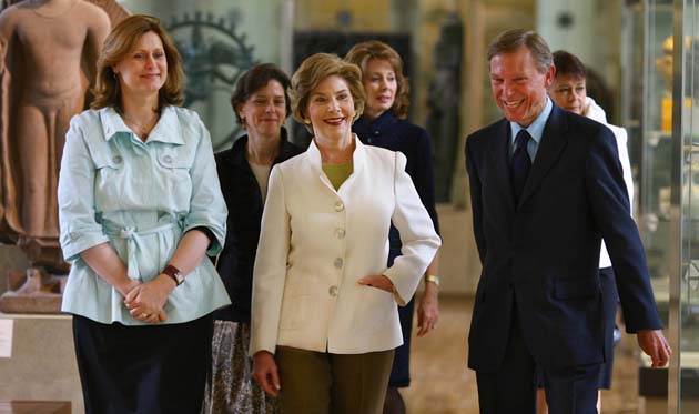 The first lady, Laura Bush, visits the British Museum with her British counterpart, Sarah Brown