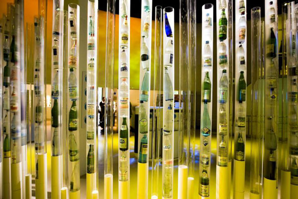 Zaragoza, Spain: An installation made up by bottles inside cylinders filled with water decorates the entrance of Germany's pavilion at the Expo 2008