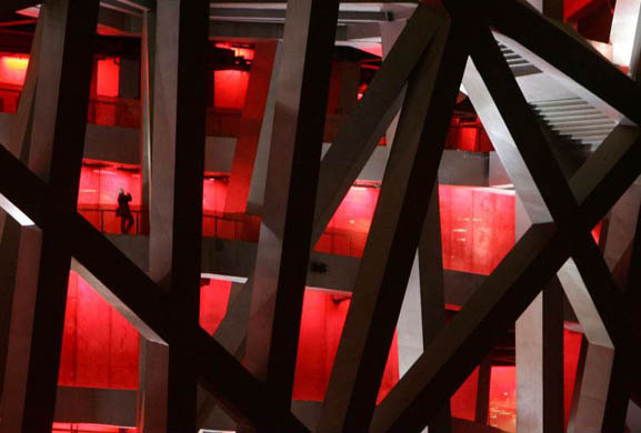 A worker stands in the National Stadium during the trial illumination of the project